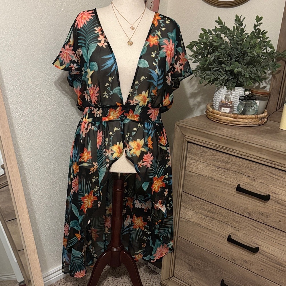 Planet Gold Floral Sheer Kimono Cover-Up Black with Multicolor Blooms Size 1X